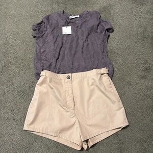 Zara beige hi waist adjustable flat front Shorts